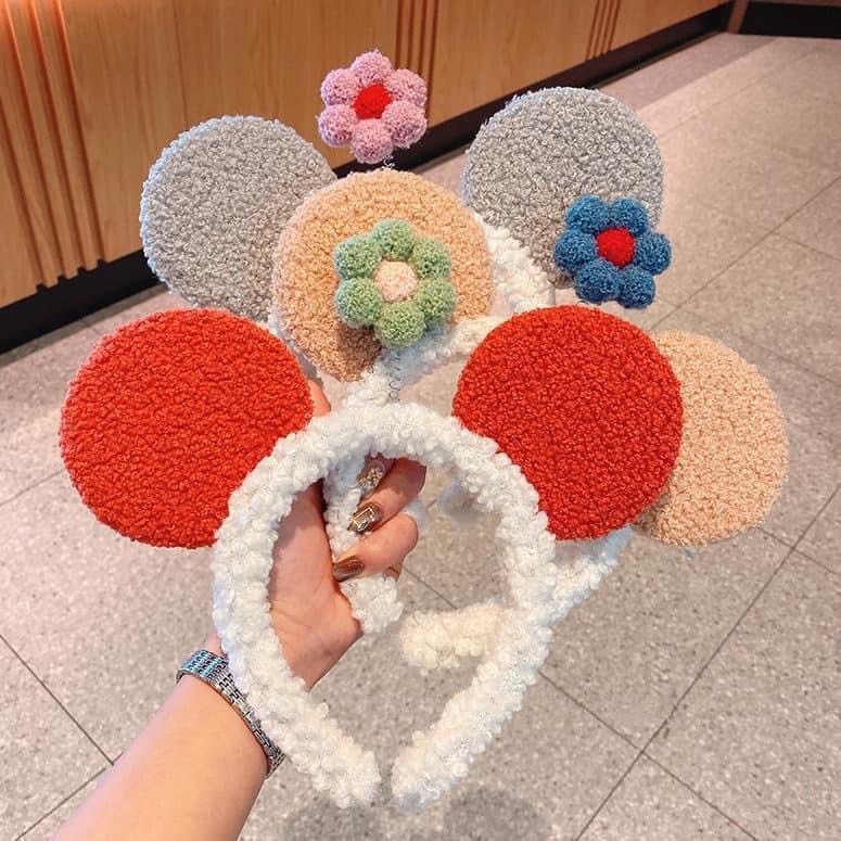 Cài Tóc Tai Mickey Phối Bông Hoa Lò Xo