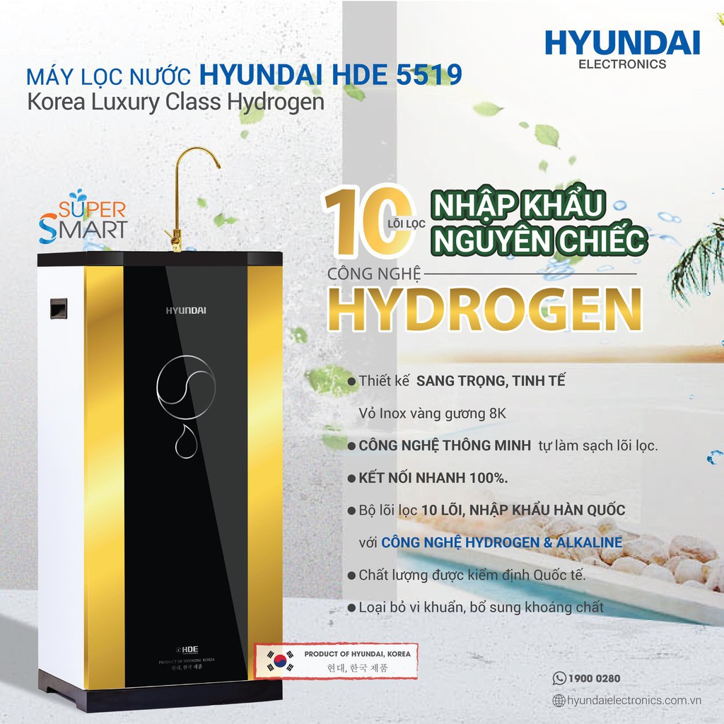 Máy Lọc Nước Hyundai HDE 5519 R.O 10 Lõi Nhập Khẩu Nguyên Chiếc, Sử Dụng Công Nghệ Hydrogen và Alkaline.