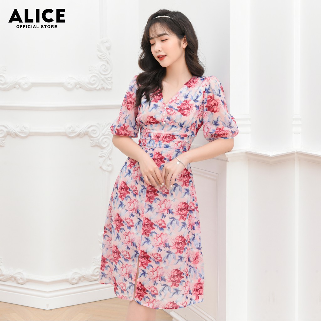 Váy Thiết Kế Tiểu Thư ALICE Dáng Xòe Cúc Ngọc Họa Tiết Hoa Thanh Lịch, Sang Trọng V692