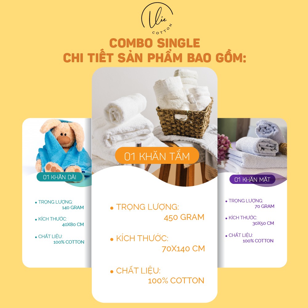 Combo 3 khăn tắm gội mặt quấn người VIECOTTON Ver2 100% cotton siêu thấm hút cam kết giao đúng màu