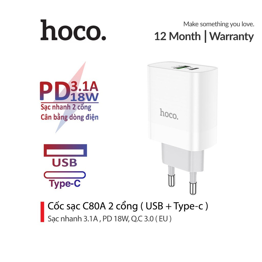 ⚡NowShip⚡ Cốc Sạc Nhanh 2 Cổng CAO CẤP Củ Sạc Hoco C80 Sạc Nhanh 18W ( QC 3.0 , PD ) Cho IPhone IPad Android ...