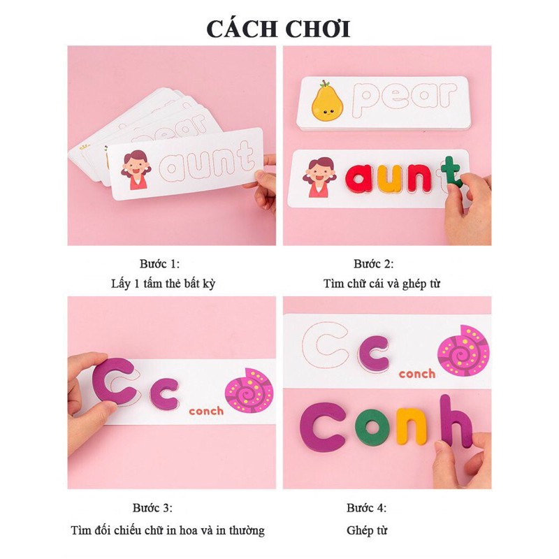 Spelling Game - Học Đánh Vần Chữ Cái Tiếng Anh 52 Bộ Thẻ Học Ghép Chữ Bằng Gỗ