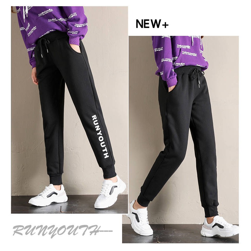 Quần dài thể thao dây rút eo màu đen bình thường dành cho sinh viên nữ