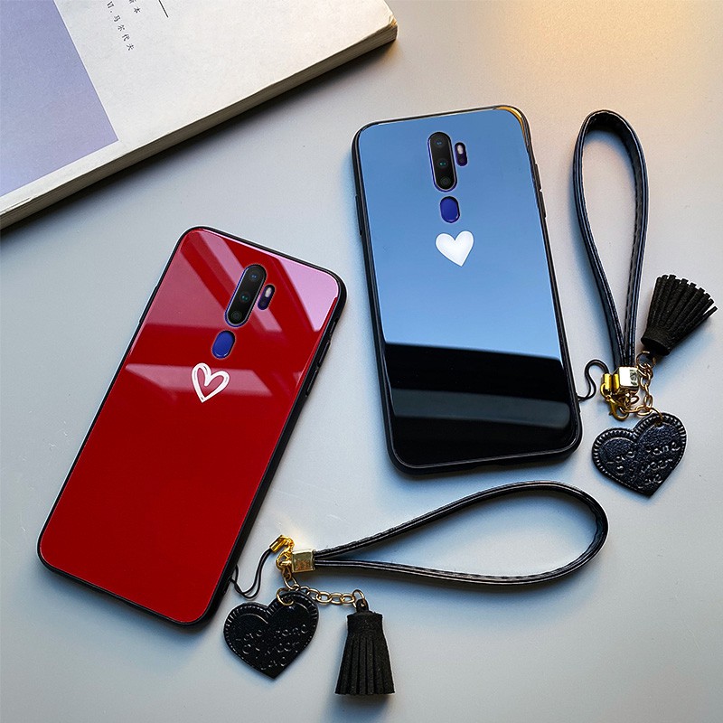 Bao da Ốp lưng OPPO F11 F7 F9 Pro F5 YOUTH F3 Plus Case 【one case one strap】Fashion Luxury Black Red love heart Hard Tempered glass soft silicone Cover Ốp lưng OPPO F11 Pro f5 F3 Lite Protection Phone Casing