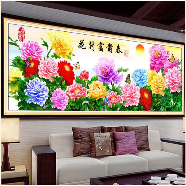 Tranh thêu hoa mẫu đơn khổ lớn tuyệt đẹp 195x74cm