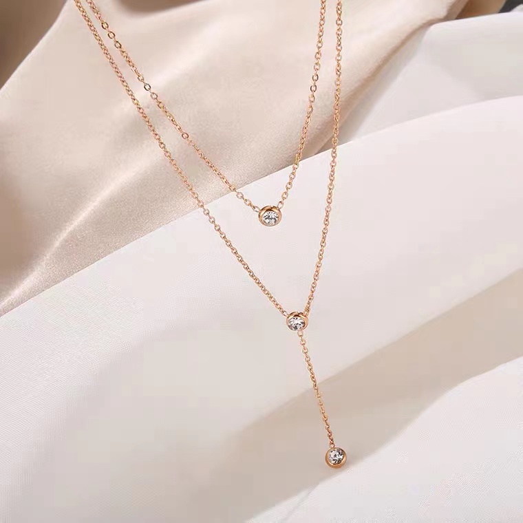 Dây chuyền hai lớp bằng thép titan mạ vàng hồng / vàng 18K đính đá zircon phong cách Nhật Hàn cá tính dễ phối đồ
