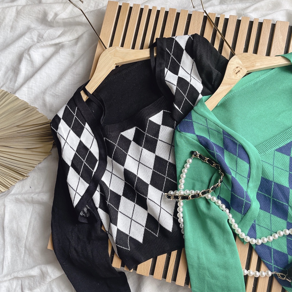 Set Áo Len, Áo 2 Dây Nữ Kèm Áo Khoác Len Crop Họa Tiết Ô Trám, Chất Len Cao Cấp Thời Trang Thu Đông (Kèm ảnh thật). | BigBuy360 - bigbuy360.vn