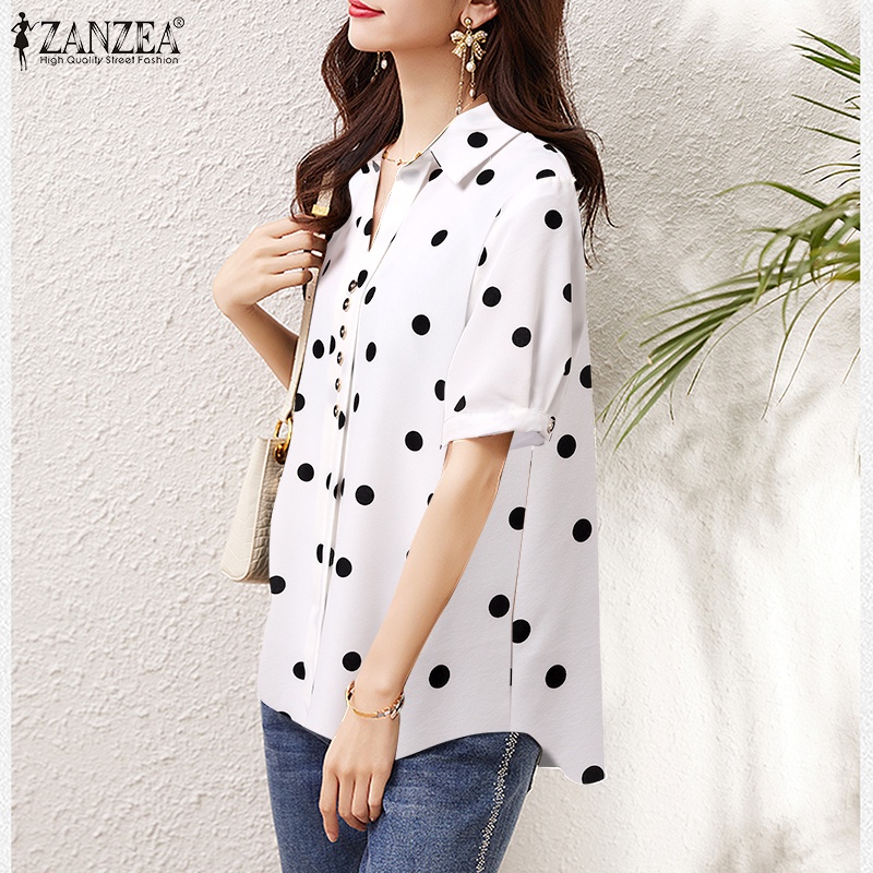 ZANZEA Áo Sơ Mi Nữ Tay Ngắn Cổ Bẻ Họa Tiết Chấm Bi Thời Trang