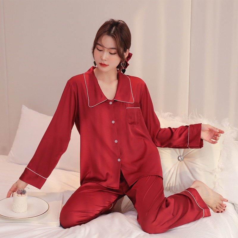 Bộ pijama mẫu trơn hàng thiết kế cao cấp - Bộ lụa mặc nhà dài tay