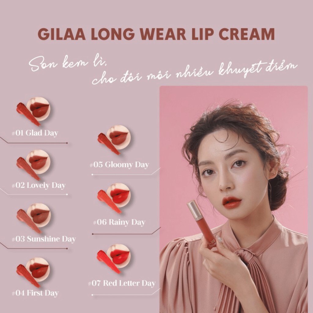 [TẶNG MẶT NẠ NHAU THAI CỪU] Son kem lì Gilaa long wear lip cream, plumping, rich rosie