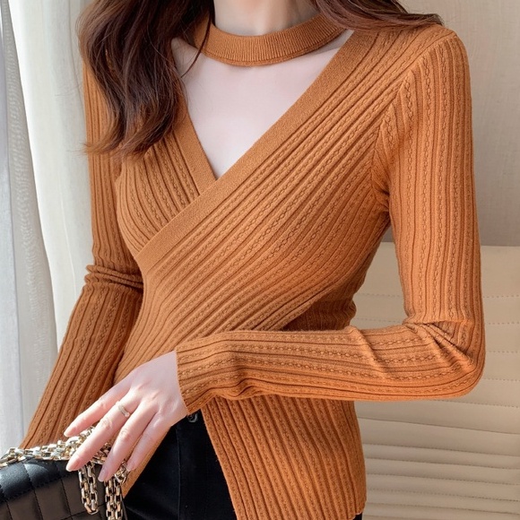 【ZHELIHANGFEI】Áo Dệt Kim Tay Dài Thiết Kế Cổ Chữ V Quyến Rũ