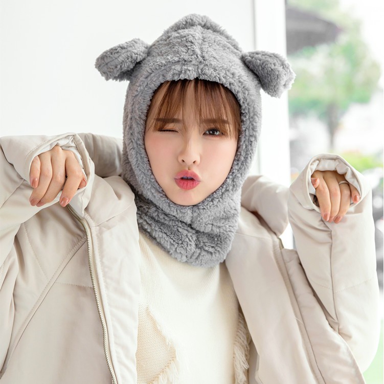 Mũ len tai gấu liền khăn cổ che kín tai gáy lông cừu chắc chắn ấm áp