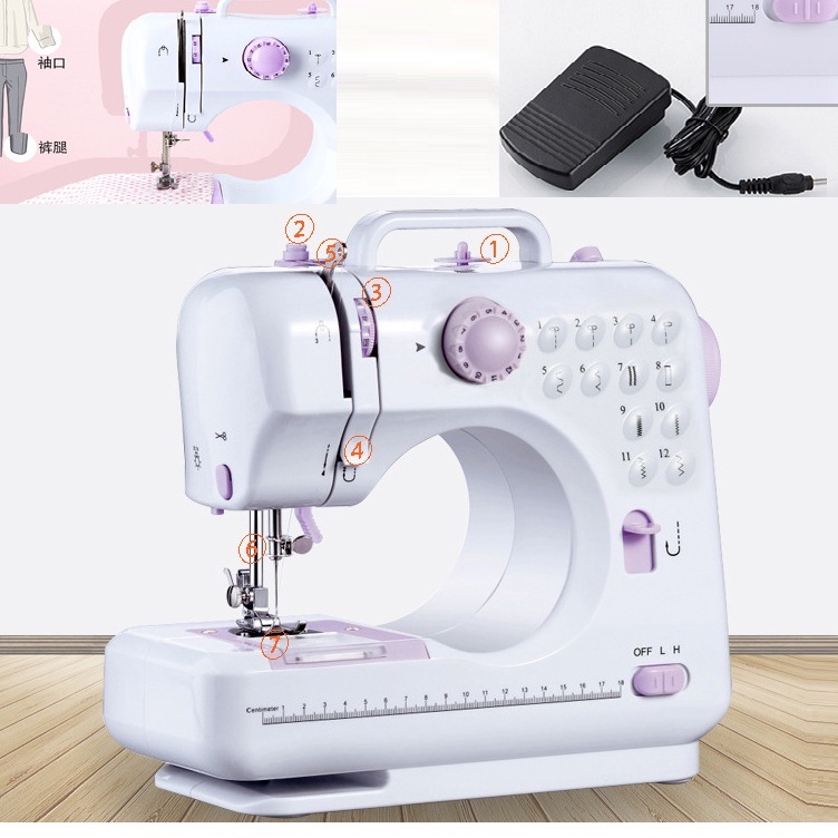 Máy khâu Để Bàn Mini-Máy May Gia Đình SM-505L 12 Kiểu May Có Vắt Sổ Kèm Bàn Mở Rộng