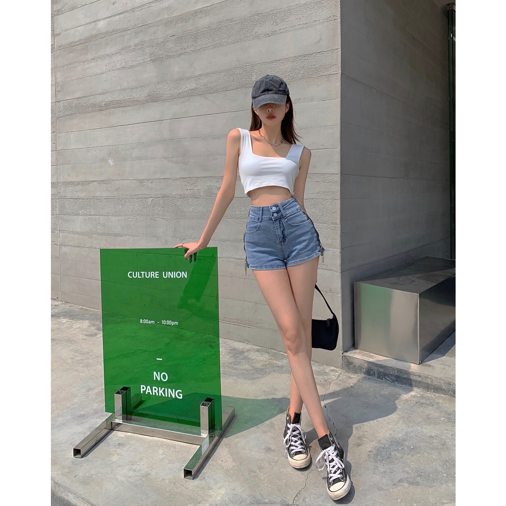 DUNEA Quần Đùi Denim Lưng Cao Phối Khóa Kéo Phong Cách Đường Phố Cho Nữ