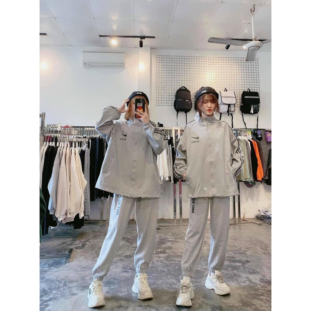 Bộ Nỉ Kẻ Sọc Thể Thao Unisex - Set Đồ Dài Tay Dáng Rộng Nam Nữ - Set Thể Thao Nike Free Size