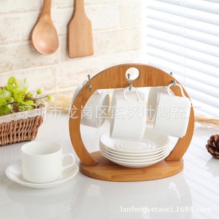 Bộ cốc uống trà bằng sứ kèm khay gỗ, set uống trà, cafe