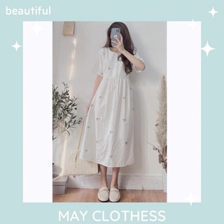 Đầm - Váy babydoll cộc tay hoa cúc thêu có cúc ngực