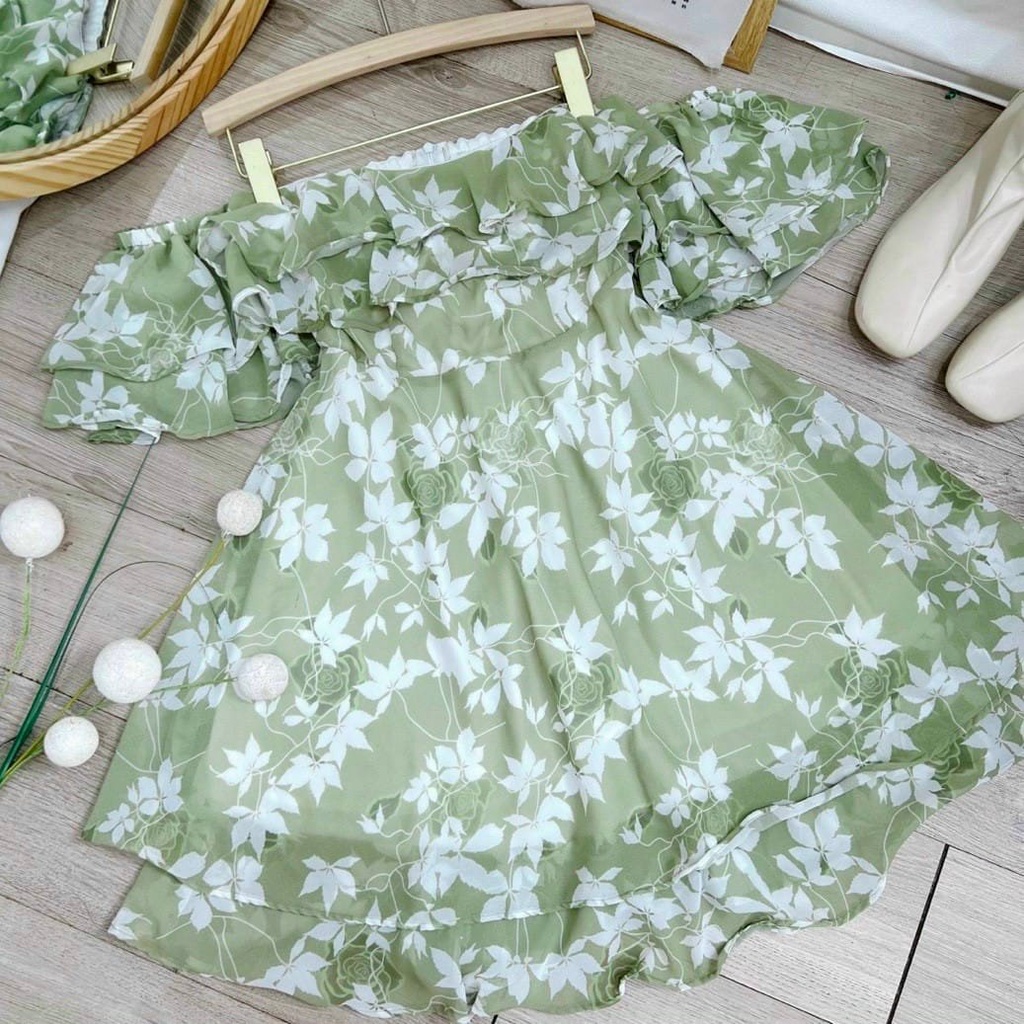 Đầm Hoa Xanh Trễ Vai Bèo