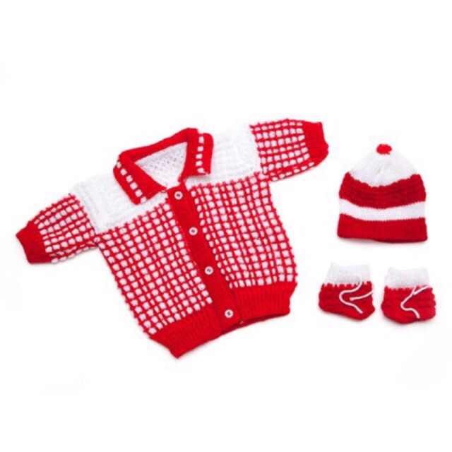 Sét áo len cho trẻ sơ sinh (dưới 1,5 tháng) gồm: 1 áo + 1 nón + 1 bao chân.
