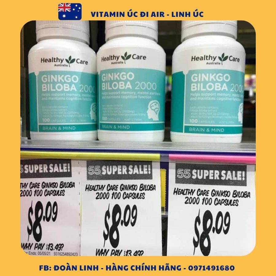 Bổ não Ginkgo biloba 2000mg Healthy Care 100v - Úc, Hàng Chuẩn Úc Đi Air