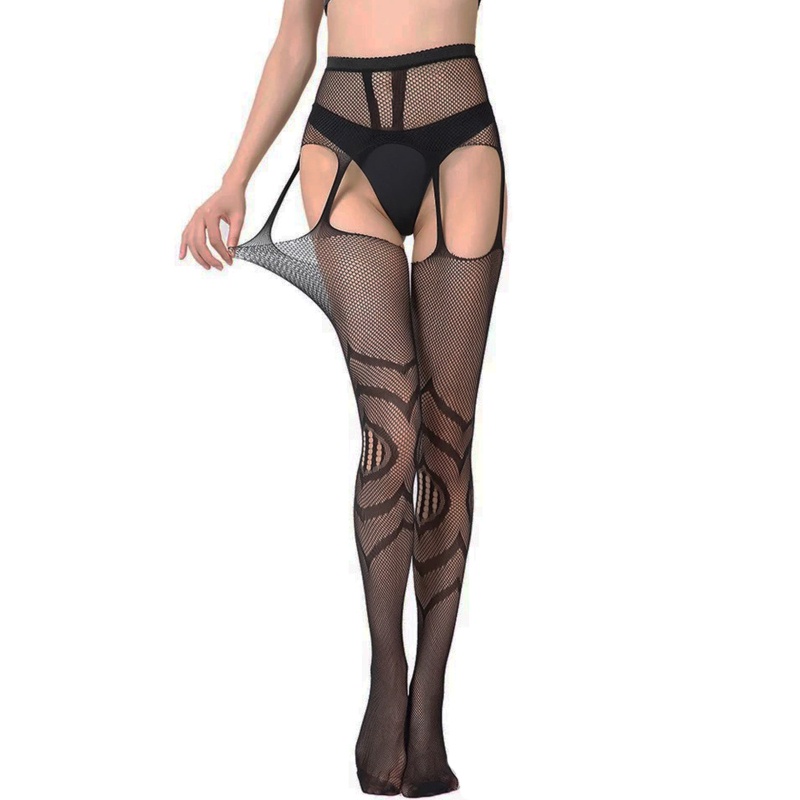 Xiangbao Quần Tất Lưới Jacquard Phối Ren Đen Lưng Cao Ngang Đùi Dành Cho Nữ