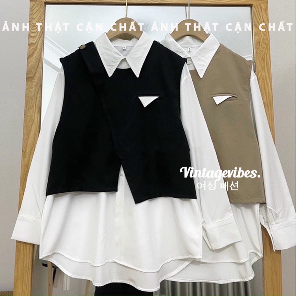 Áo sơ mi dáng rộng kèm gile cài vạt chéo Ulzzang  - Ảnh thật cận chất 1000% - Hàng mới về