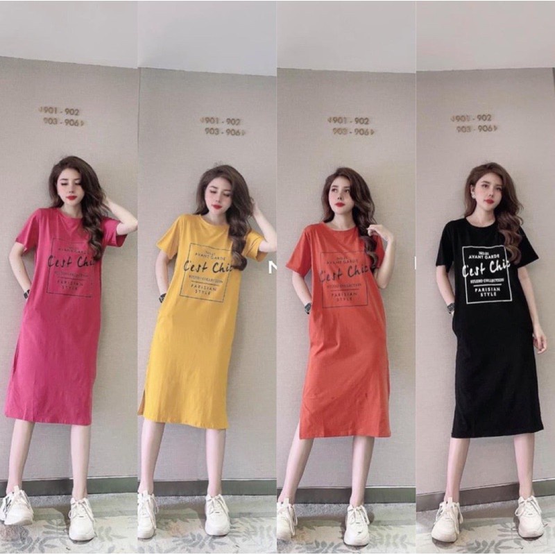 Đầm suông cổ tròn in chữ cest chất cotton dáng dài - Váy ngủ thun co dãn from rộng hoạ tiết 21 nhiều màu xinh xắn