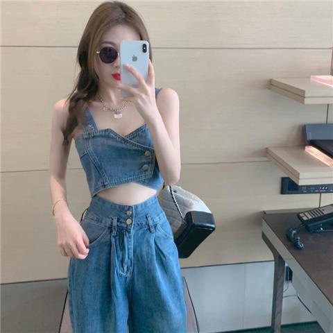 Bộ Áo Croptop Hai Dây + Quần Dài Denim Thời Trang Dành Cho Nữ