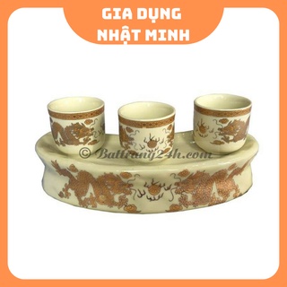 Bộ chén thờ 3 chén men vàng kim, kỷ thờ vàng 3 chén