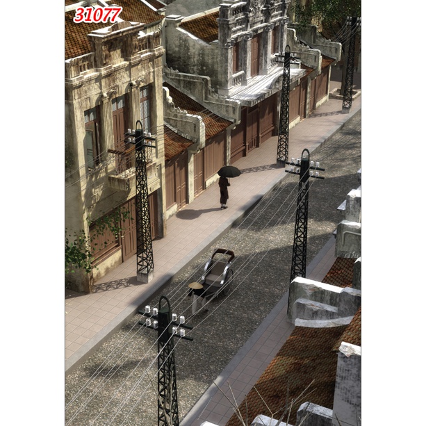 Tranh lụa 3D trang trí quán ăn, quán nướng phong cách Hà Nội cầu Long Biên, đường phố, làng mạc xưa hình ảnh chân thật