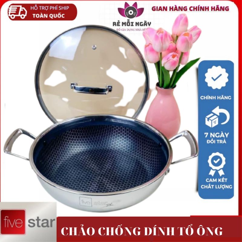 Chảo 2 quai sâu lòng FIVESTAR tổ ông nắp kiếng size 26CM - 28 CM