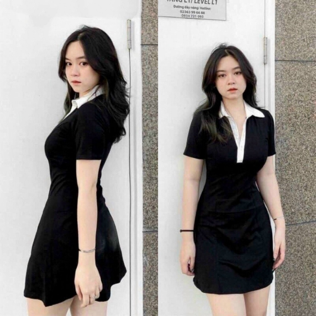 Đầm Polo Body Dáng A Đen Phối Cổ Trắng