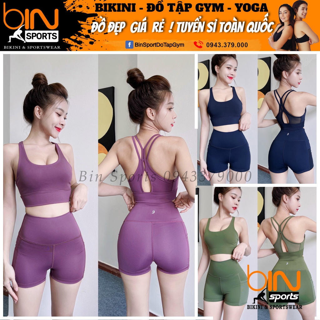 Đồ tập gym nữ, set bộ đùi thể thao áo bra kèm mút quần đùi có túi Bin Sports BN071