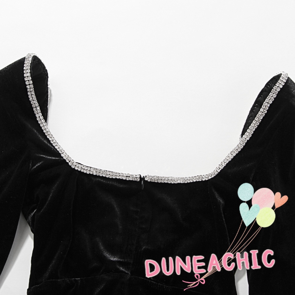 DUNEA Đầm Nhung Đen Dài Tay Cổ Chữ V Khoét Sâu Hở Lưng Gợi Cảm Cho Nữ