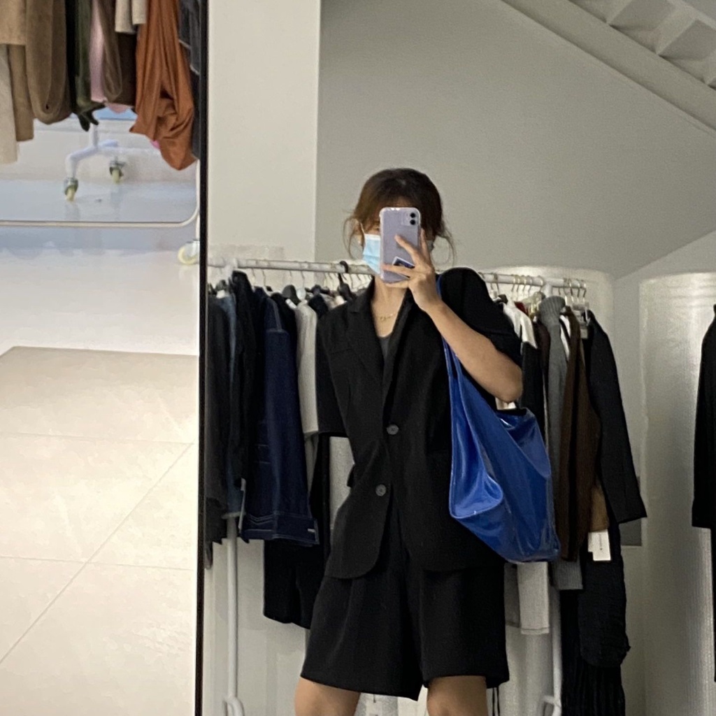 Túi tote Đeo Vai Bằng Da Bóng Màu Xanh Dương Sức Chứa Lớn Đa Năng