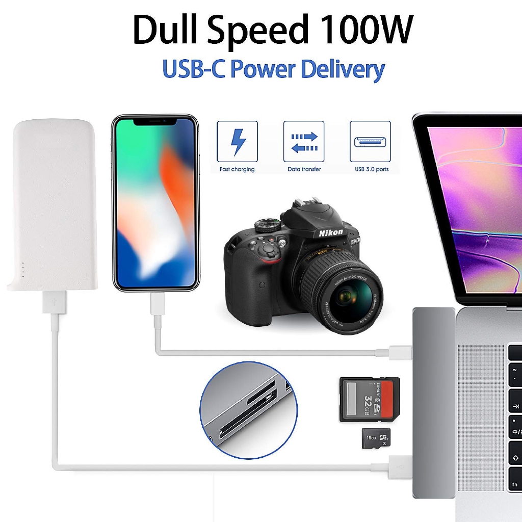 Hub Type C 7 trong 1 hai USB cho MacBook Pro có 4K HDMI USB3.0 SD/MicroSD