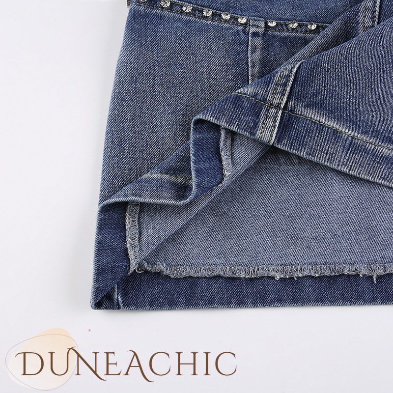 DUNEA Chân váy jean Phối Túi Đính Đá Phong Cách Retro Cho Nữ