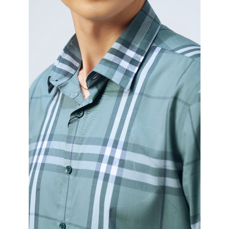Áo sơ mi nam dài tay OWEN AS220854D công sở vải sợi tre cao cấp kẻ màu kẻ caro lớn xanh đậm dáng ôm tà lượn không túi