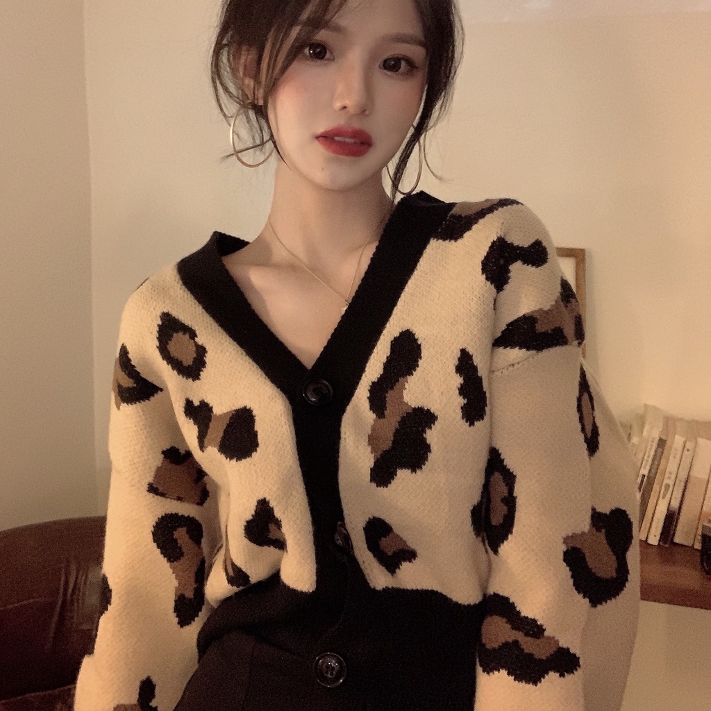 Áo Khoác Cardigan Dệt Kim Tay Dài Dáng Rộng Cổ Chữ V Hoạ Tiết Da Báo Phong Cách Hàn Quốc Dành Cho Nữ