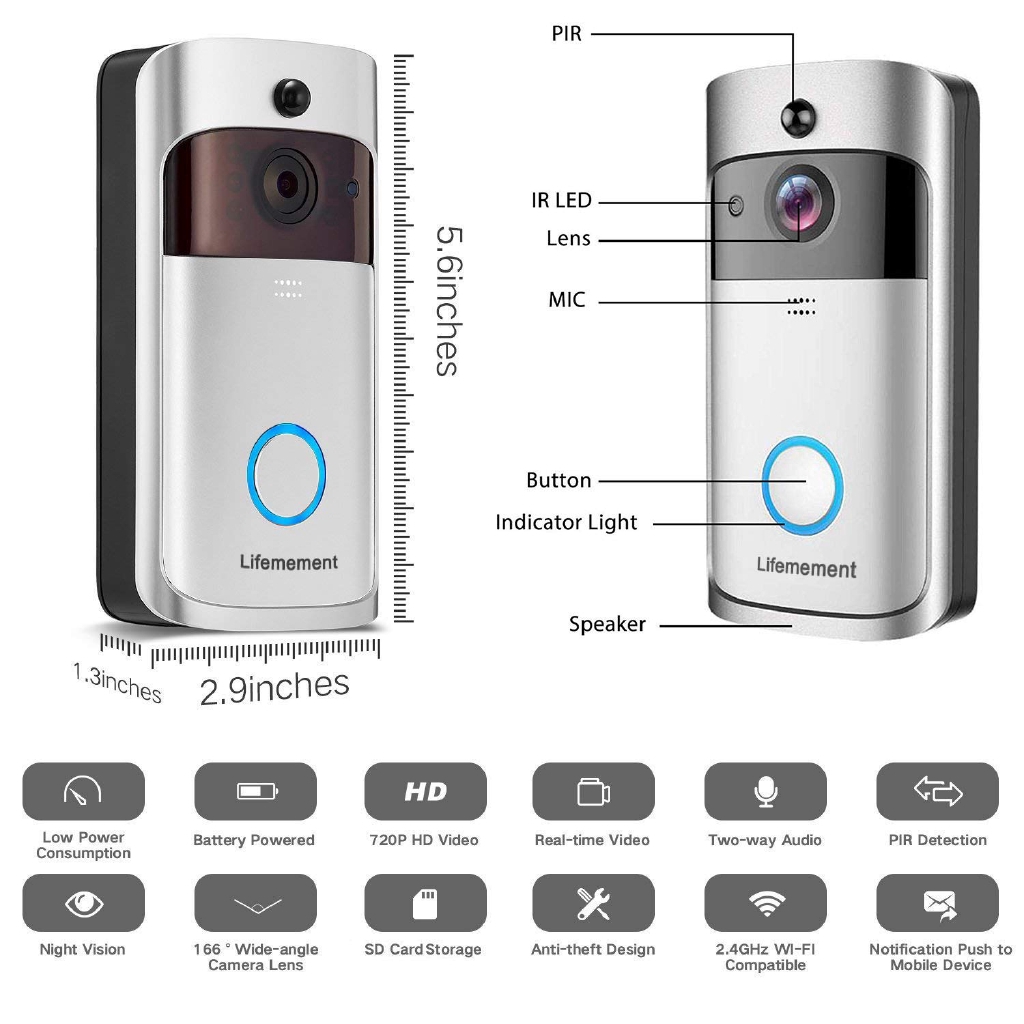 Chuông cửa thông minh WiFi không dây + Chuông cửa camera an ninh thông minh HD 720P với Cơ quan giám sát cảnh báo đẩy theo thời gian thực