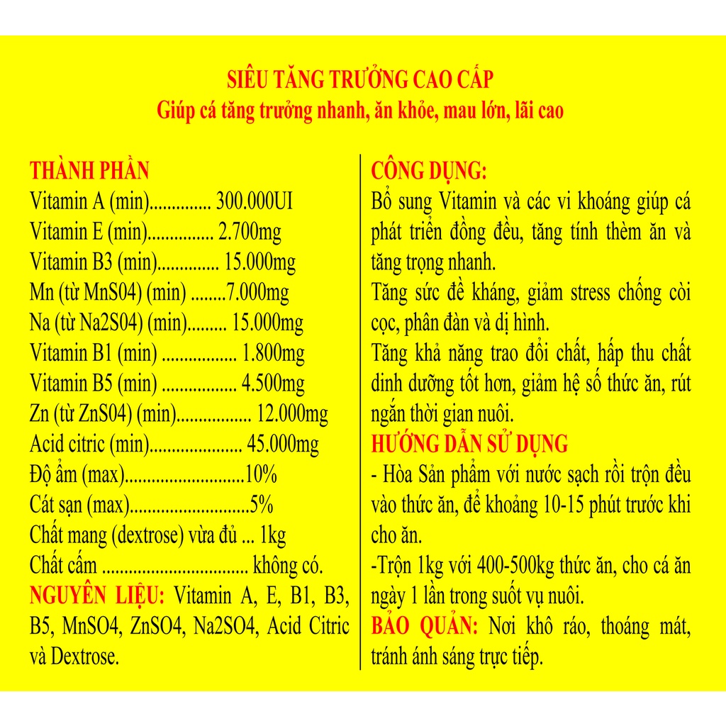 1kg SIÊU VỖ BÉO CÁ CAO CẤP Giúp cá tăng trưởng nhanh, ăn khỏe, mau lớn, lãi cao