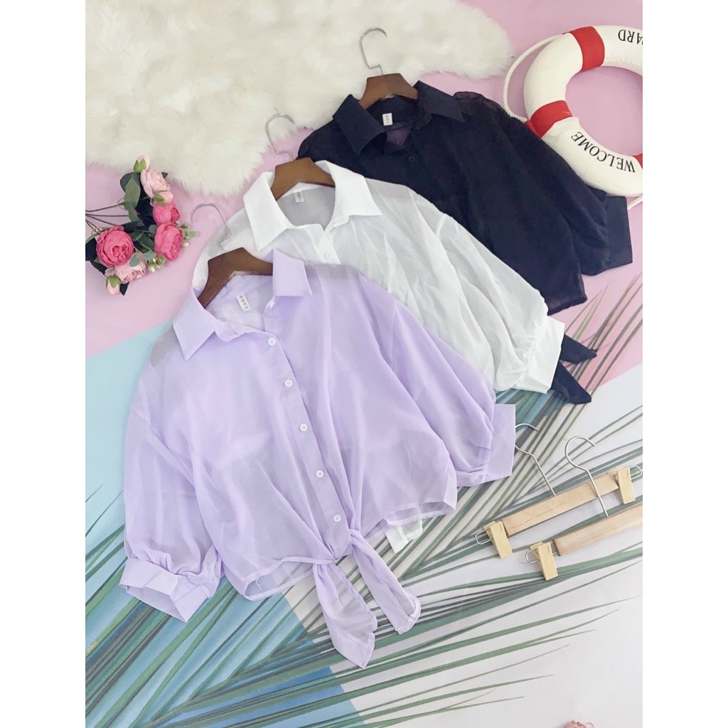 [Freeship đơn từ 50K] [ SIÊU PHẨM Đi BIỂN]Áo khoác sơ mi voan tay phồng cột eo