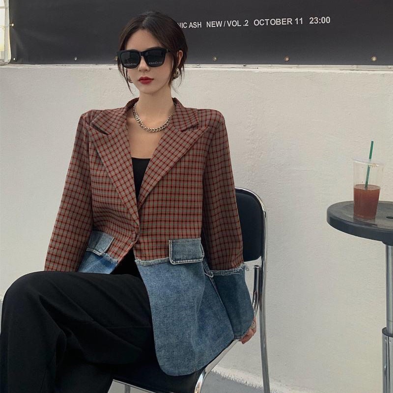 IELGY     Áo Khoác denim Dáng Rộng Phối Màu Sắc Tương Phản Thời Trang Cho Nữ