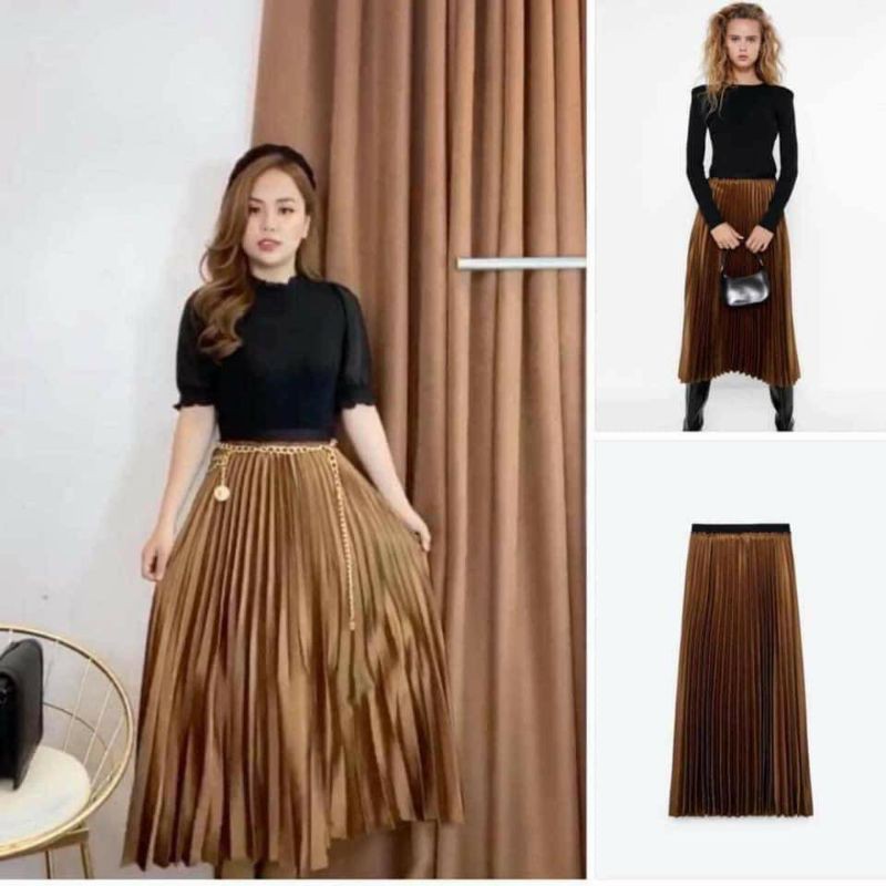 Chân váy nhung xếp ly màu nâu