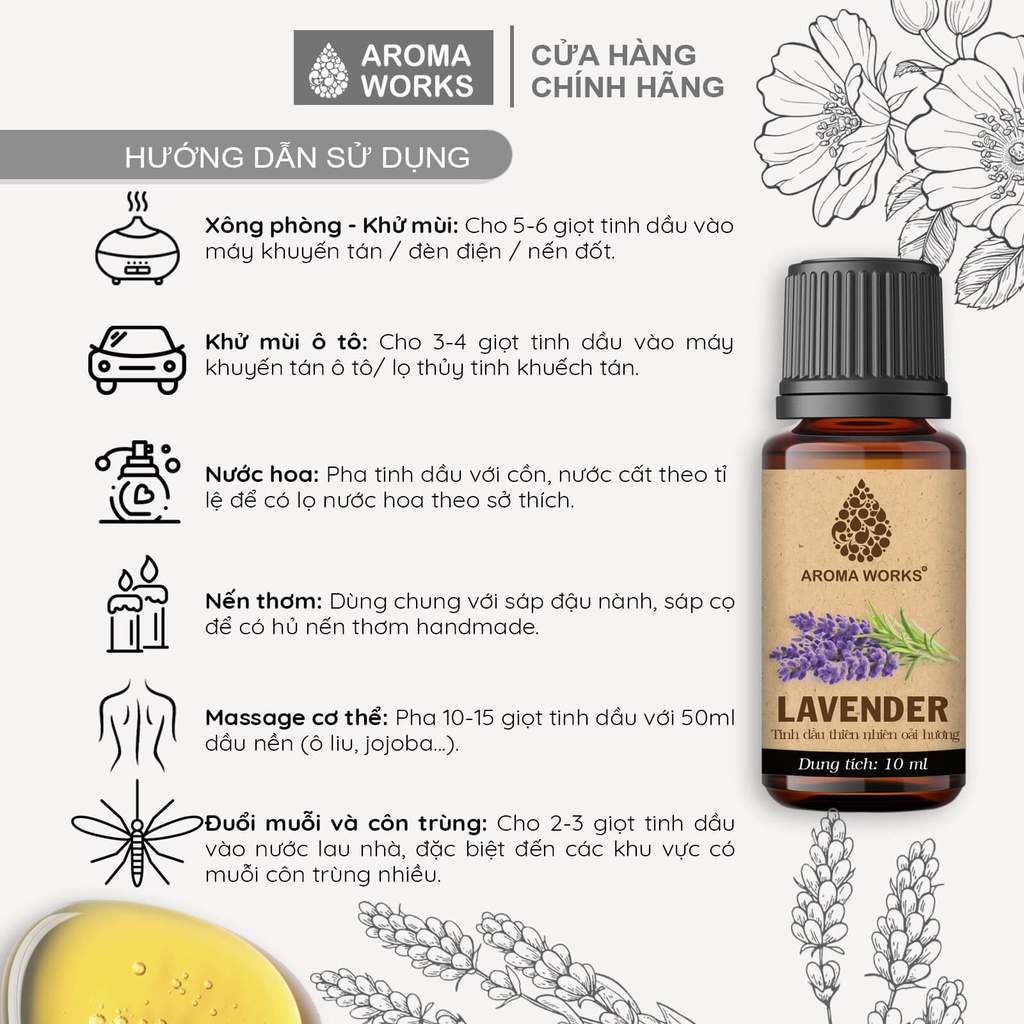 Tinh Dầu Hoa Oải Hương Nguyên Chất Aroma Works Essential Oils Lavender 10/100ml