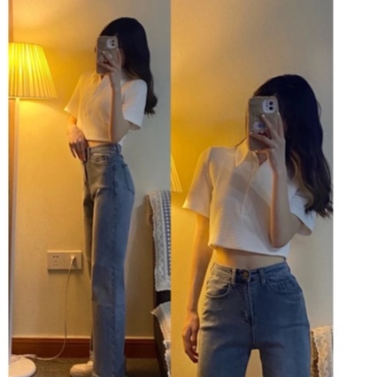 Áo thun croptop tổ ong trắng nữ - Phông cổ bẻ cộc tay crt ulzzang tiểu thư - Chất thun gai chất sang xịn mịn thoáng khí