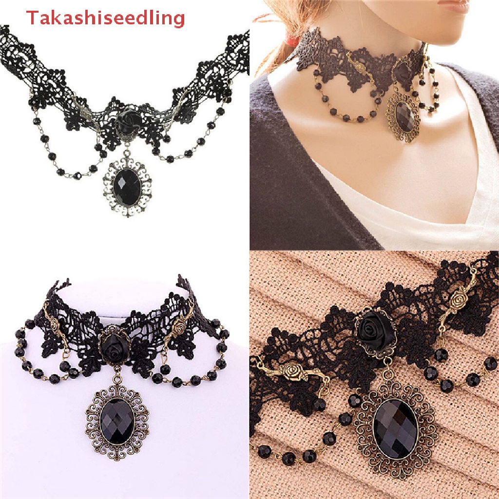 Vòng Cổ Choker Ren Hoa Hồng Đen Đính Hạt Thời Trang