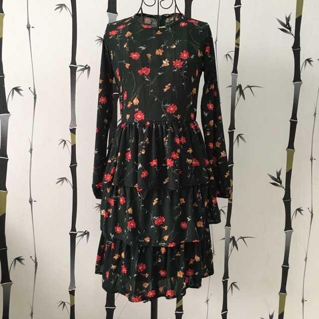 Đầm tầng tay dài - rêu, xanh đen