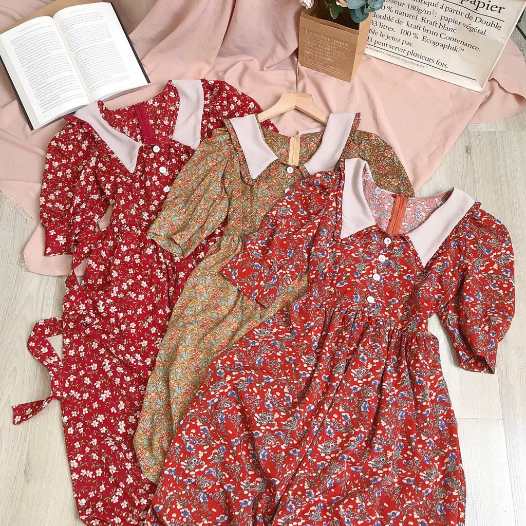 Đầm Suông Hoa Đỏ Cổ Suông- Váy Suông Tay Phồng Kiểu Dáng Nhẹ Nhàng, Nữ Tính Thích Hợp Cho Các Cô Nàng Bánh Bèo