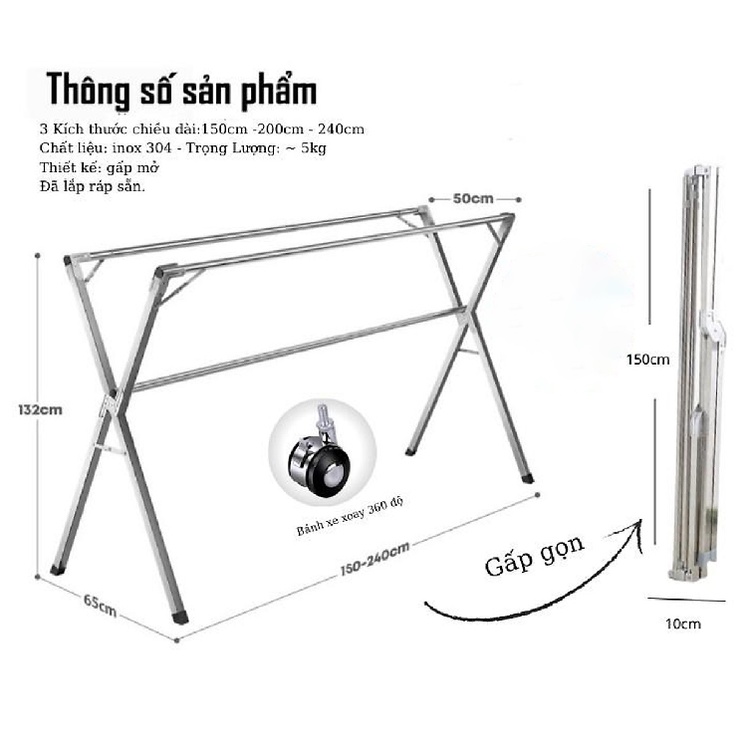 Sào Phơi Đồ Inox Thông Minh SP16, Cải Tiến Bánh Xe, Cây Gấp gọn, Giá Giàn Phơi Có Quà Tặng Móc Treo Đồ - 2,4m + Bánh xe